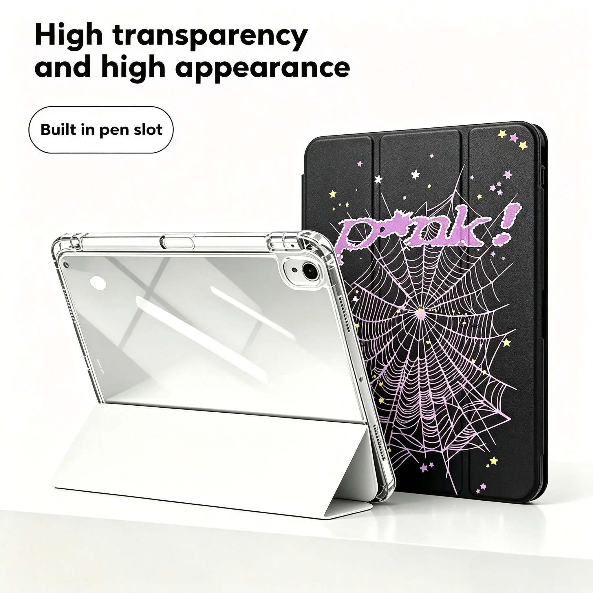 Darlingcase Punk Spider Web and Stars iPad Case with Clear Back, Pencil Holder and Trifold Stand for iPad A16 11th Gen, 10th Gen, Air, Pro and Mini