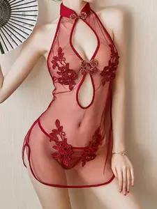 Elegant Women's Qipao Dress, Lace Split Nightgown, Vintage Chinese Mesh Skirt, Embroidered Party Gown, Perfect for Dates and Events