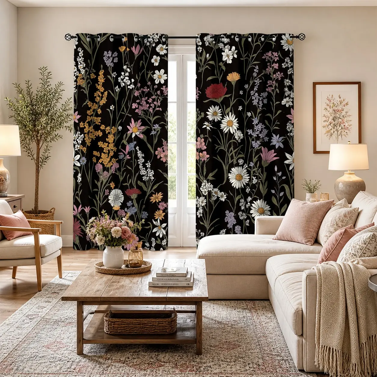 2-piece retro black background colorful wildflowers, herbaceous plants, printed semi blackout curtains, American countryside floral fabric curtains, bedroom, homestay, living room atmosphere curtains