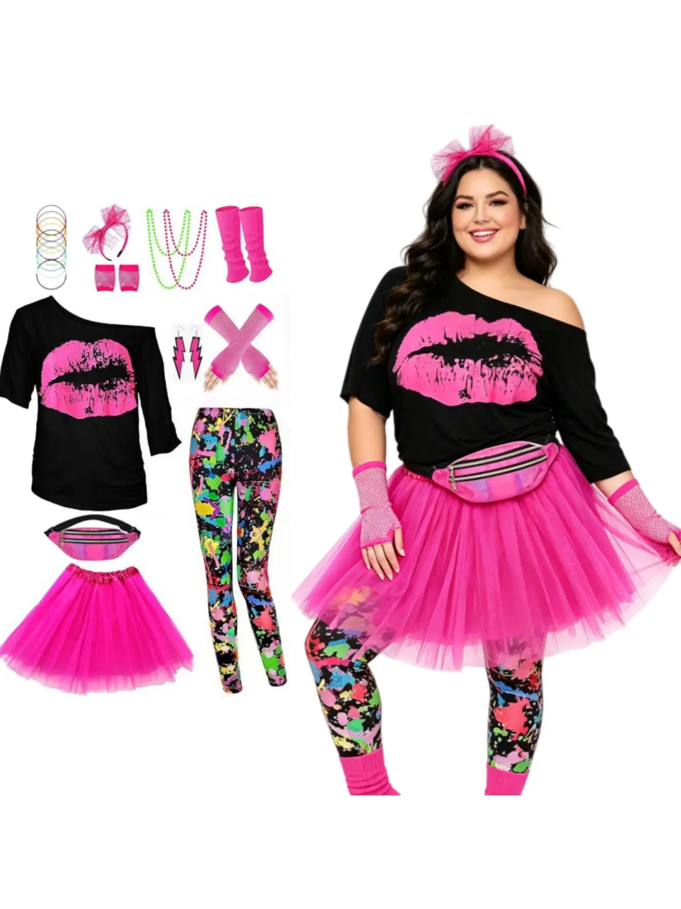 80s Vintage Women Outfit Drop Shoulder Tee Tutu Skirt Leopard Pants Full Set With Accessories For Party Stage Show Carnival Costumes