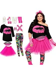 80s Vintage Women Outfit Drop Shoulder Tee Tutu Skirt Leopard Pants Full Set With Accessories For Party Stage Show Carnival