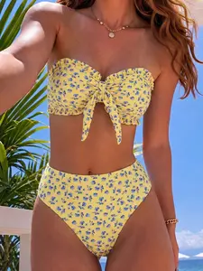 Front Tie Crop Top Floral High-Waisted Two-Piece Bikini, Elegant Swimsuit for Beach Wear, All-Over Print Slim-Fit Design