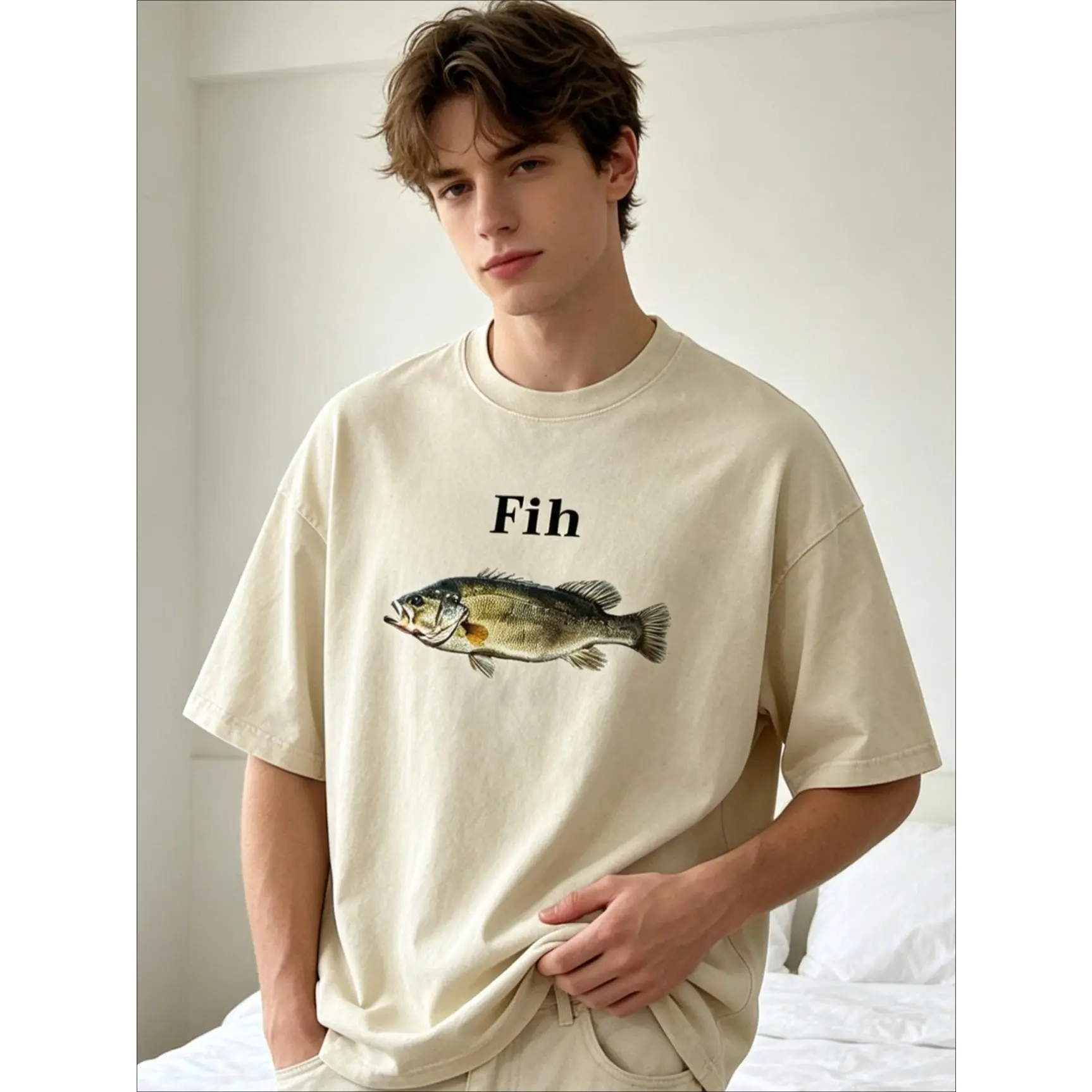 Fih Fish Meme Graphic T-shirt, Men's Casual Loose Fit Cotton Streetwear, Breathable Short Sleeve Top for All Seasons, Tshirt, Shortsleeve, Menswear, Oversized Fish Graphic Men's Short-Sleeve T-Shirts, Meme Fashion, Ocean-Themed Graphic Men's Short-Sleeve