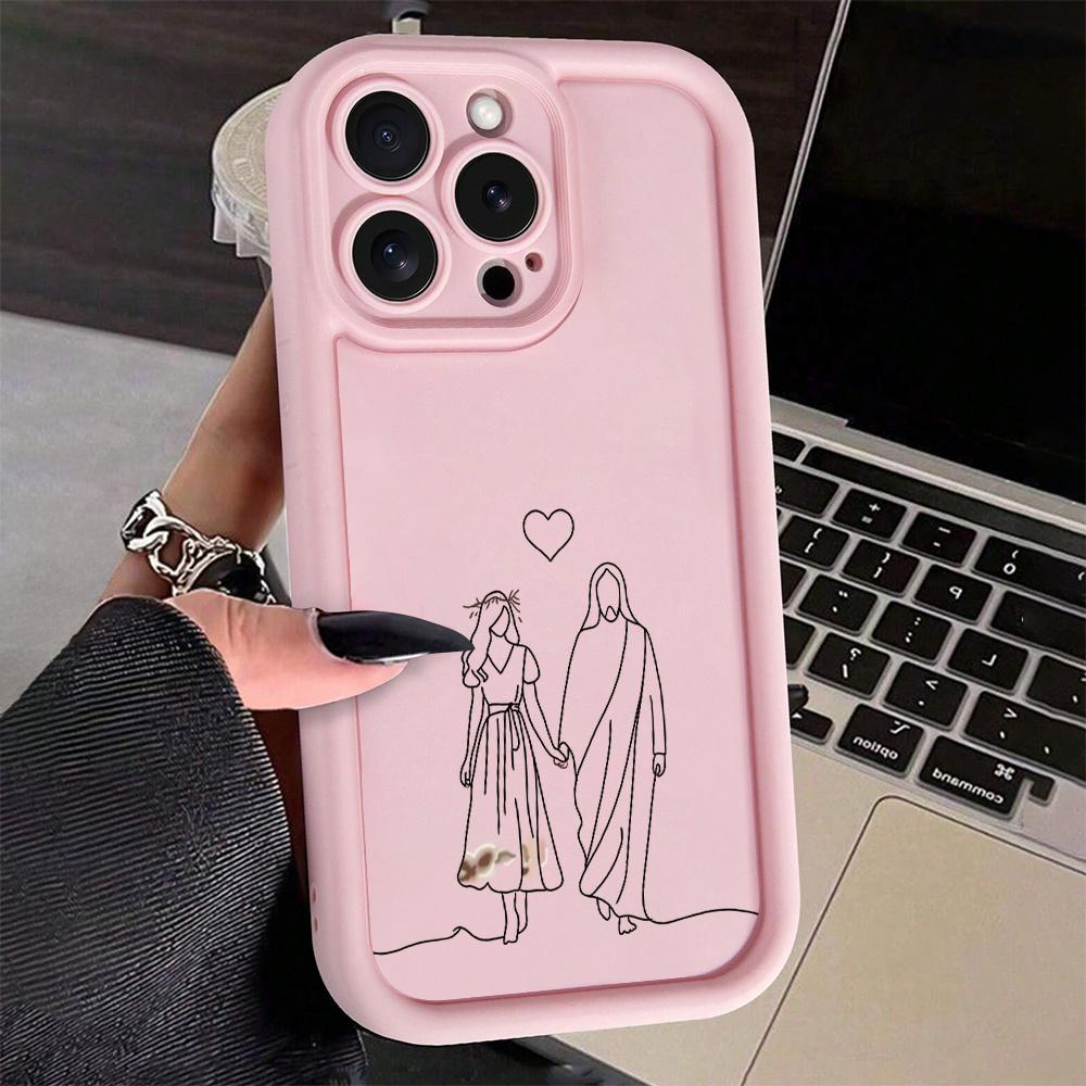 Blush Pink Religious Jesus Print Bamboo TPU iOS Phone Case - Non-Slip, Silicone-Like Durable Soft Protection, Lens Protector, 2D Printing Accessory for iPhone 17 Pro Max,16,16e,15,14 Plus,13,12 Mini,11,Air,X,XS (Gift Option), Accessories