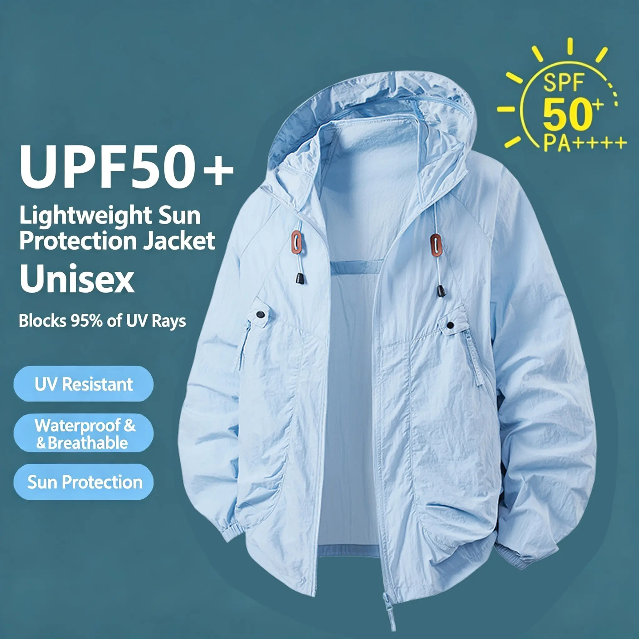 Menswear Casual UPF50+ Sun Protection Coat - Lightweight, Breathable, Waterproof, Hooded, Elastic, Pockets, Multiple Colors Unisex Outdoor UV Protection Jacket