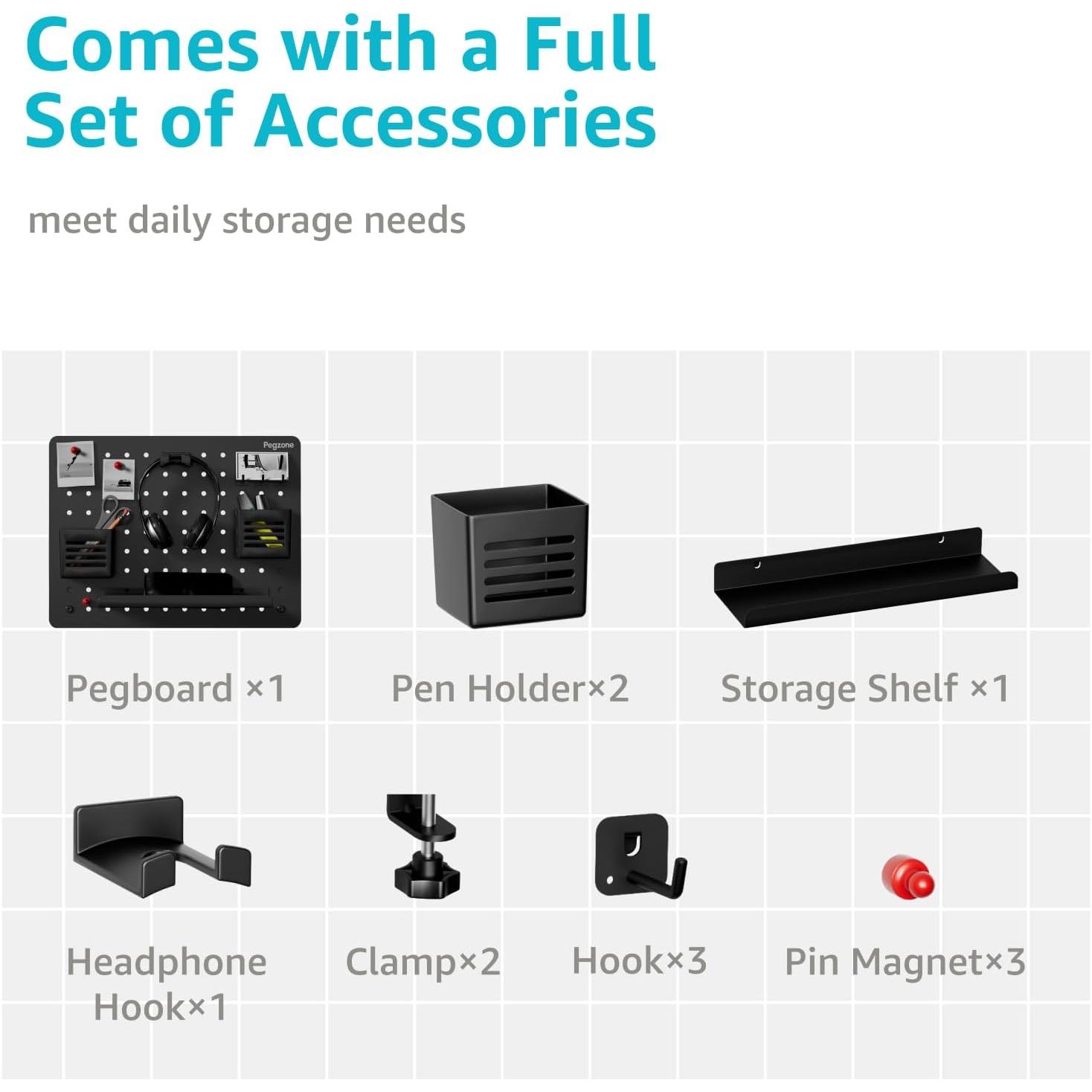 Clamp- Desk Pegboard, Desk Organizer for Office Gaming , Metal Peg Board with 10 Accessories, Panel for Office, 16.5" x 12.6", Medium, Black Clamp- Desk Pegboard, Desk Organizer for Office Gaming , Metal Peg Board with 10 Accessories, Panel for Office, 16.5" x 12.6", Medium, Black