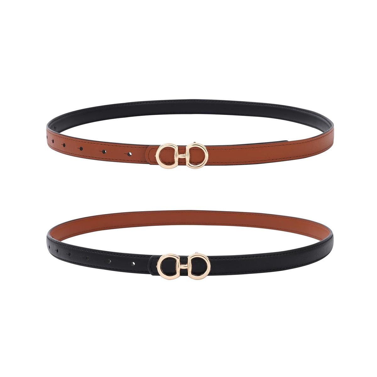 AWAYTR Reversible Women Fashion Thin Belt Two Sided and Two Colored Elegant PU Leather Tight Waist Belt with Gold Buckle Vintage Two-in-One Jeans Dress Long Coats Belts Lady Accessories