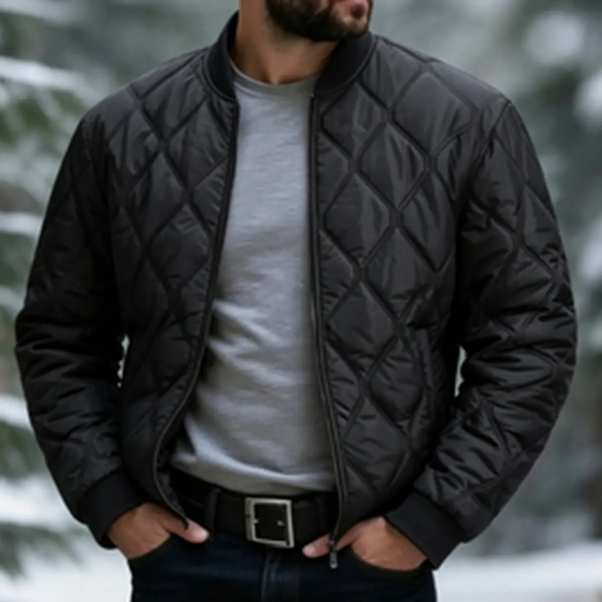 Men's Diamond Quilted Bomber Jacket - Menswear Long Sleeve Tops Clothes, Classic Rib Baseball Collar Zip-Up Windproof Padded Outerwear, Plain Solid Black Light Warm Short Coat, Ideal for Daily Street Style, Road Trips, Minimalist