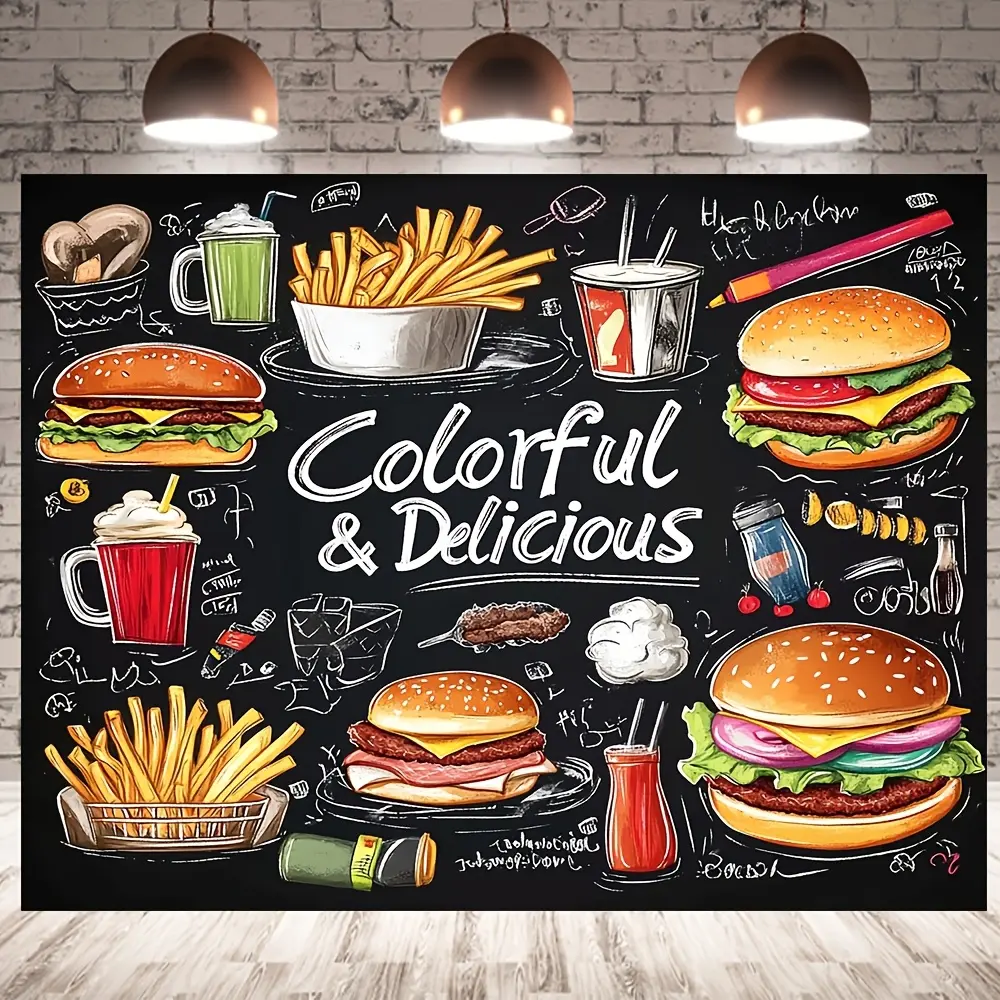 Fast Food Print Hamburger Fun Theme Polyester Tapestry - Lightweight Printed Home Decor Tapestry, Multi-Size Home Supplies for Portrait Photography, Party Events, Kitchen Displays