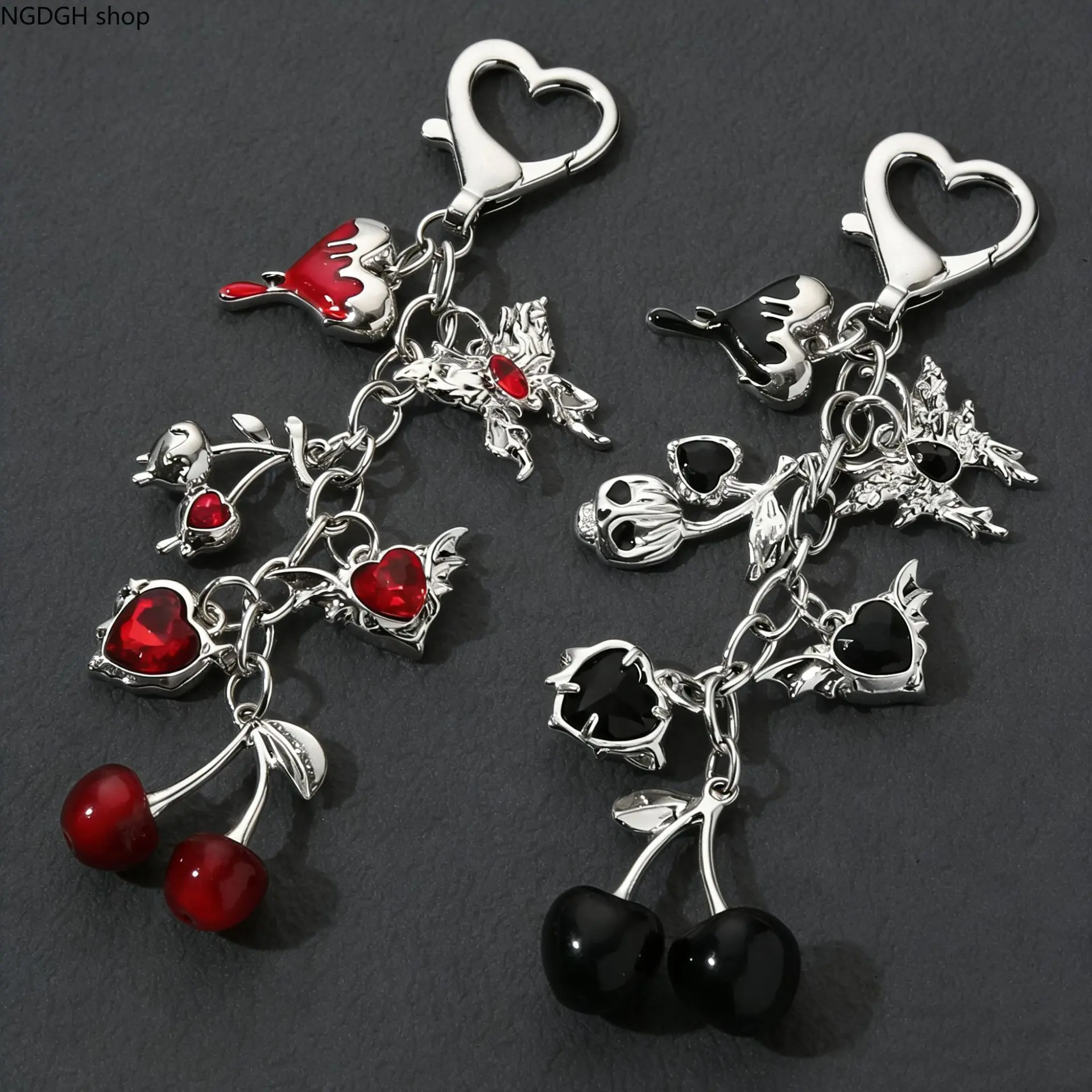 Punk Metal Cherry Bag Charms with Heart Wings, Premium Silver Beaded Skulls Butterfly Keychain for Ladies, Trendy Grunge Anti-Lost Wallet Key Holder Holder for Club Party Daily Dress Up, Retro