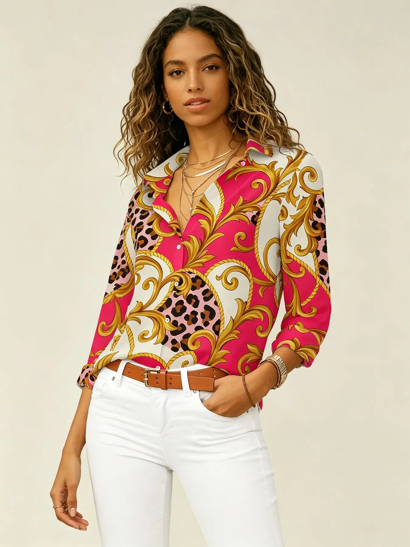 New Women's Bright Luxurious Gold Pattern Leopard Collar Shirt, Spring Summer Light Luxury Commute Top, Casual Loose-Fitting Blouse