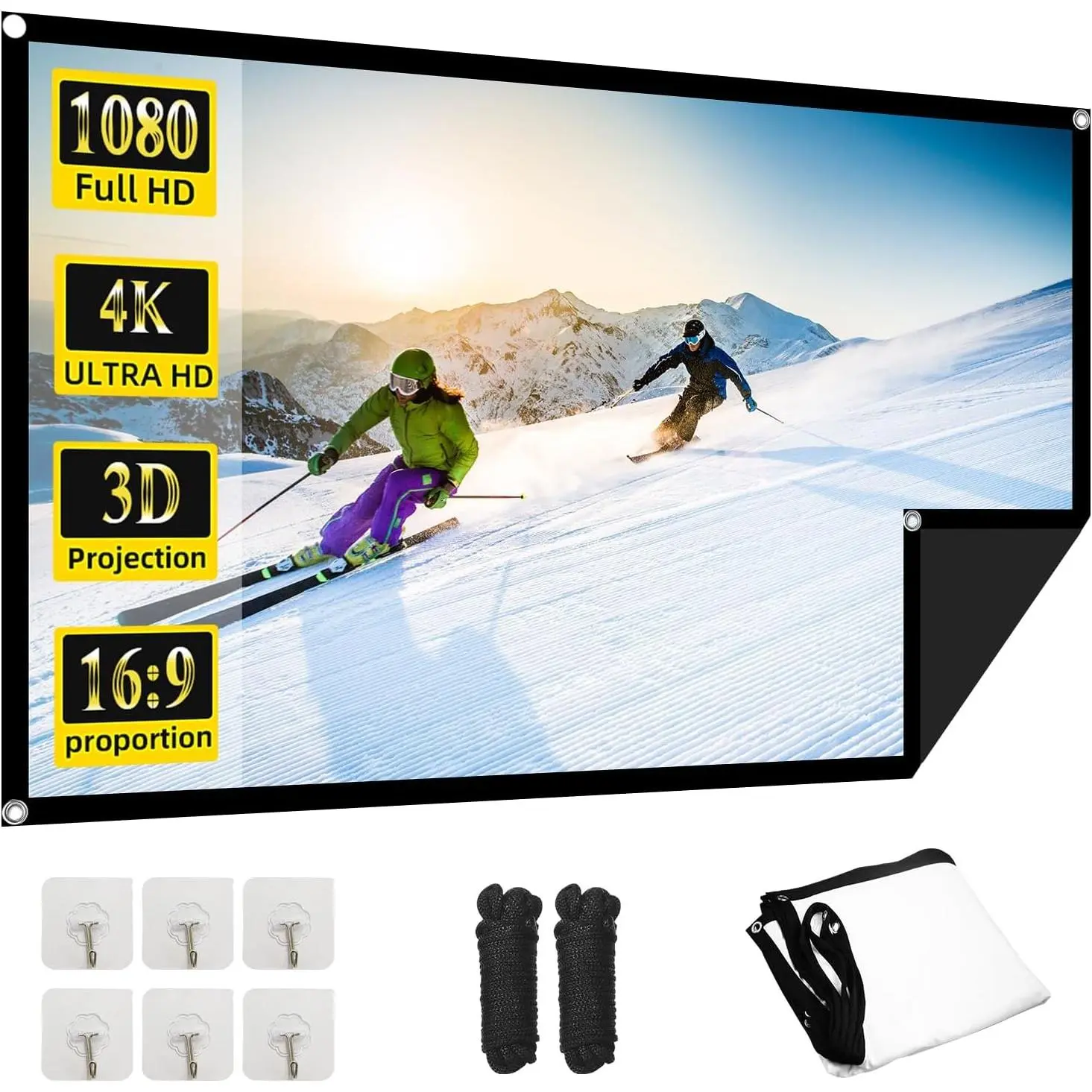 60 Inch Projector Screen,  4K 16:9  Portable Black Backing Movie Screen, Anti-Crease Indoor Outdoor Simple Install Foldable Projection Screen for Camping, RVing, Outdoor Theater Nights