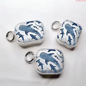 Clear Transparent Earbud Case Cover with Watercolor Whale Shark & Shark Print, Ocean Marine Pattern Wireless Earphone Protective Shell with Quick Release Keyring, Lightweight Shockproof Headphone Storage Case Accessory