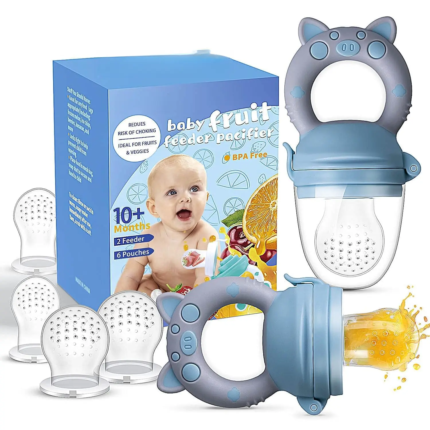 Silicone Fruit Theme Baby Food Feeder Pacifier - 2-Pack (Blue & Gray) Piggy Handle, Fresh Teething Toy for 3-24 Months Infants, 6 Silicone Pouches, Unisex
