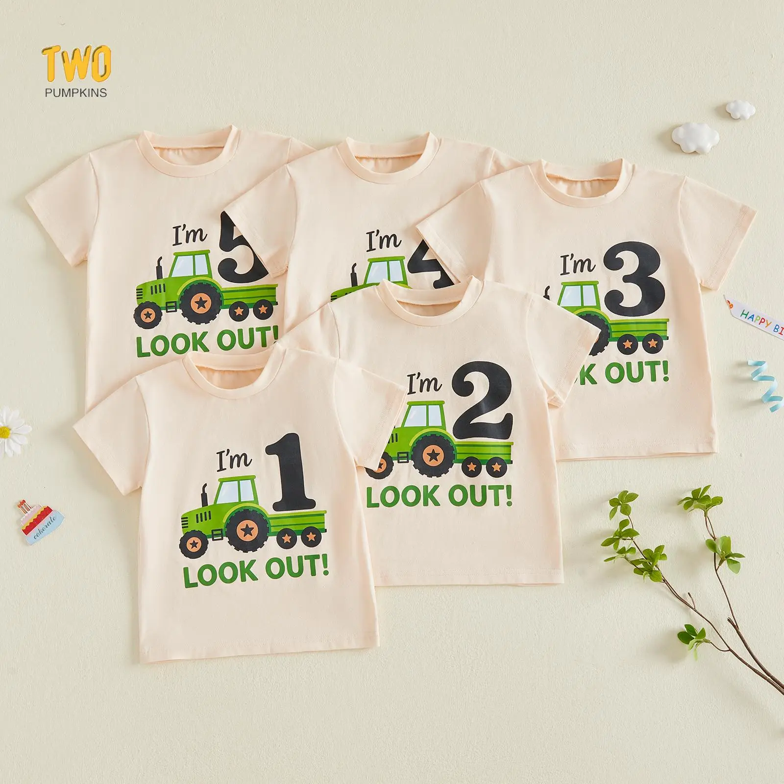 Toddler Baby Boy 1st 2nd 3thd, 4th, 5th Birthday Outfit Tractor Short Sleeve T-shirt | One To Five Year Old Farming Birthday Shirt Summer Clothes