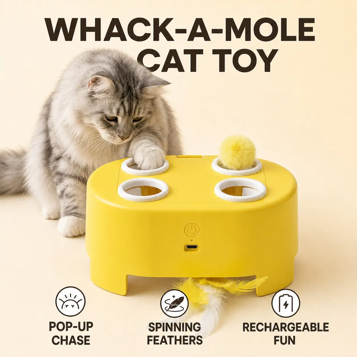 Interactive Whack-A-Mole Cat Toy, Rechargeable Electric Feather Popper, Indoor Cat Hunting Chase Training Toy, Fun Pet Plaything