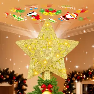 Christmas Tree Topper with Built-in 360° LED Rotating Projector, 3D Hollow Sparkling Gold Star, 3m Plug in Xmas Tree Top Decor for Indoor Office Party Holiday Home Ornament