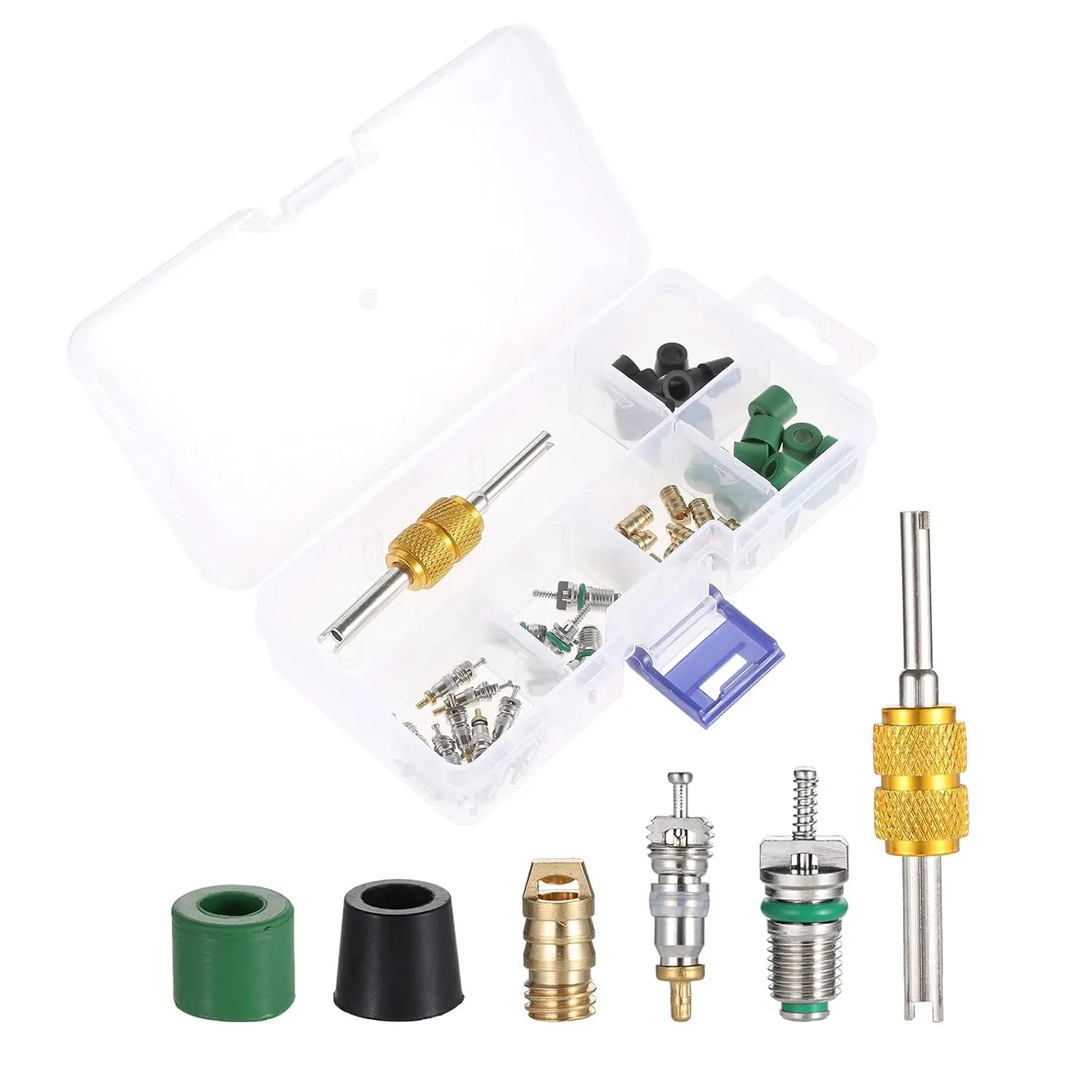 46 count AC Valve Core Kit, R134a R22 R410 Remover Tool  Kit | with Valve Core, Valve, Brass Nut,Hose Gaskets, Valve Core Remover Installer