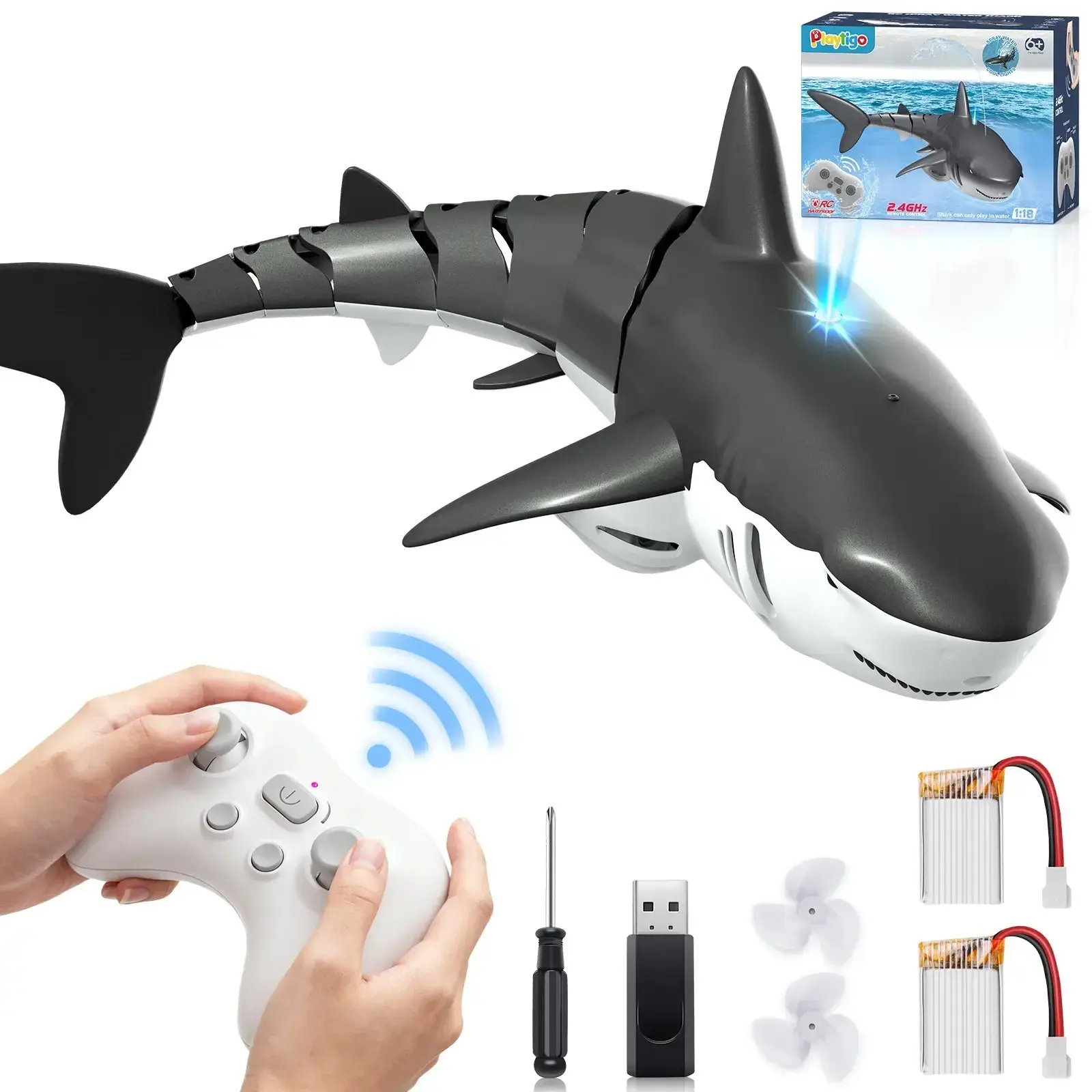 Remote Control Shark Spray Toy 1:18 High Ratio Simulation Fish, with Lights, Lake Bathroom Pool, 2.4g Electric Remote Boat Gift