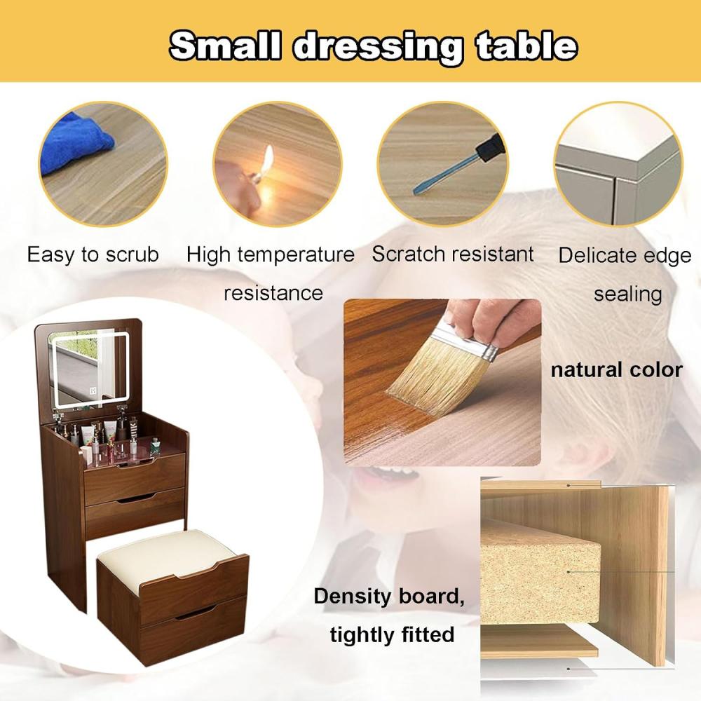 3 in 1 Vanity Desk with Plip Top Mirror, Small Make Up Vanity Set with Visible Glass Desktop, Compact Makeup Vanity with 3 Drawers, Cushioned Tool, Dressing Table for Bedroom 3 in 1 Vanity Desk with Plip Top Mirror, Small Make Up Vanity Set with Visible Glass Desktop, Compact Makeup Vanity with 3 Drawers, Cushioned Tool, Dressing Table for Bedroom