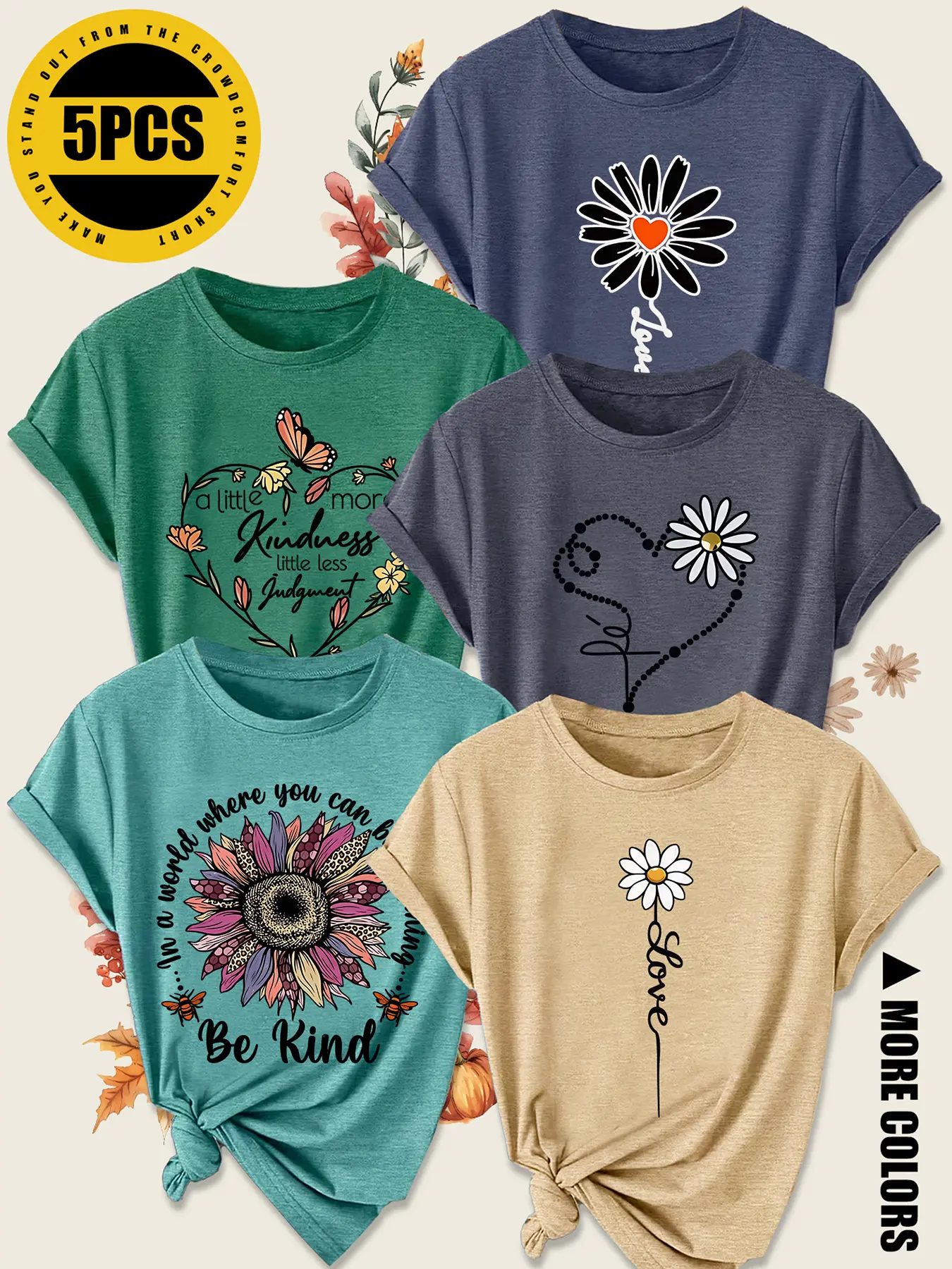 5Pcs Plus Size Women Crew Neck T-Shirt, Fresh Daisy Heart Kindness Floral Print, Multi-color Washable Spring Summer Top, Soft Skin-friendly Fabric Daily Versatile Fashion Design