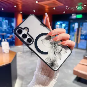 Phone Case - Elegant Hibiscus And Orchid Bloom with Soft Monochrome Grace Black Border Magnetic Phone Case, Anti-Yellowing, Slim Lightweight & Bare Feel, Luxury Premium Design for Samsung Galaxy S22 S23Fe S24 S25 Plus Ultra