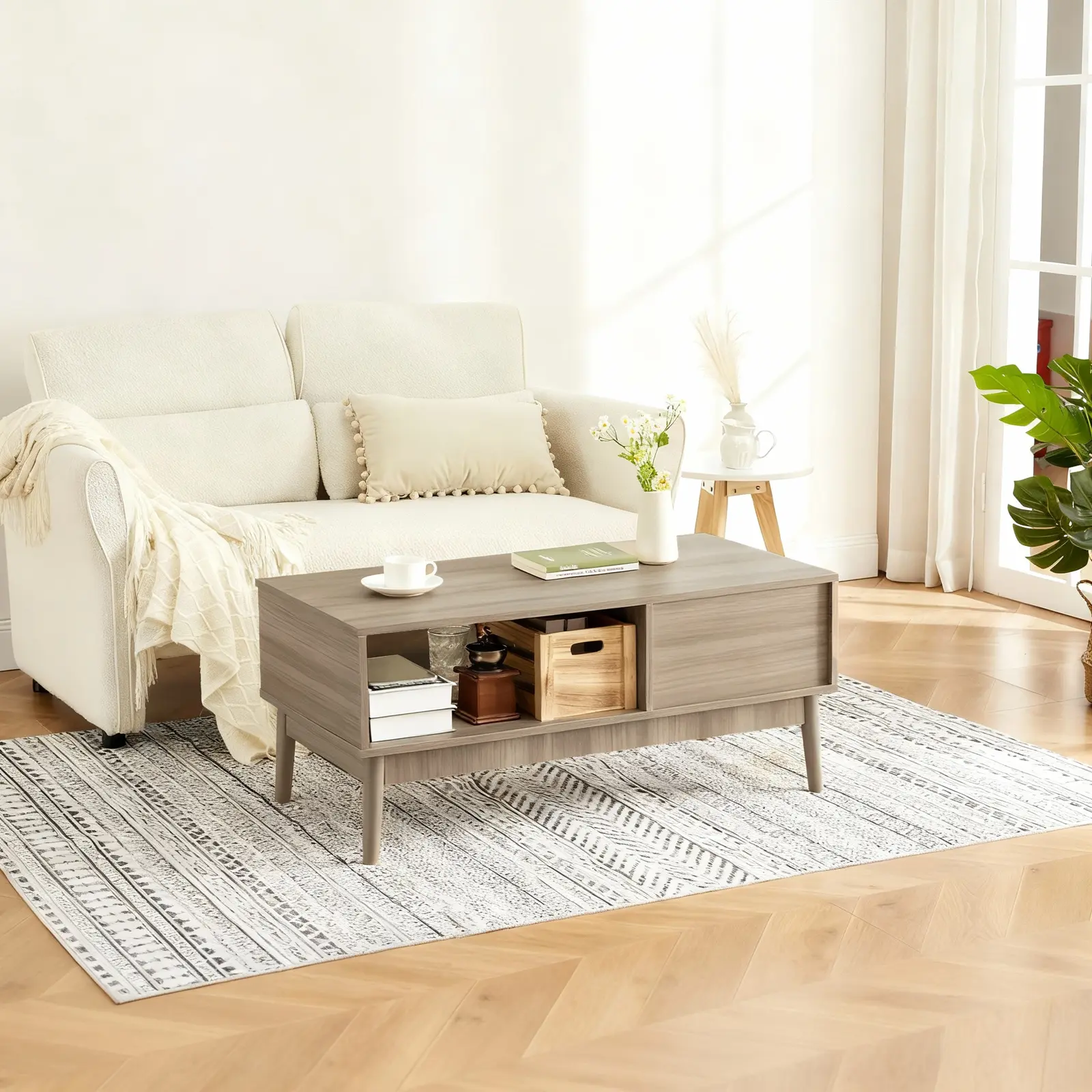 Garvee Mid-Century Modern Coffee Table – Rectangular Center Table with Storage Drawer & Open Shelf – Compact Space-Saving Design – Natural Wood Grain – Wooden Legs – Living Room Accent Furniture