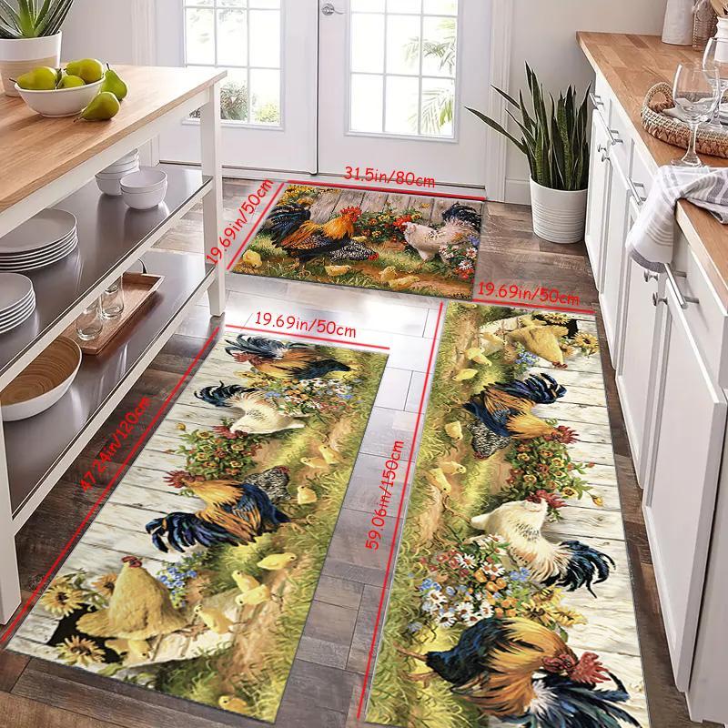 Easter Kitchen Mat Set 2pcs/3pcs, Farmhouse Kitchen Rug, Absorbent Lightweight Washable, Spring Home Decor, Easter Garden Rooster Pattern, Ideal Gift