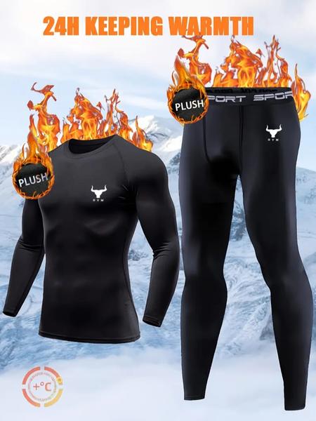 2PCS Men’s Thermal Track & Field Base Layer Set – Black Compression Underwear with Bull Logo | Warm Retention for Skiing, Running, Hiking, and Outdoor Winter Sportswear, Sports Clothes