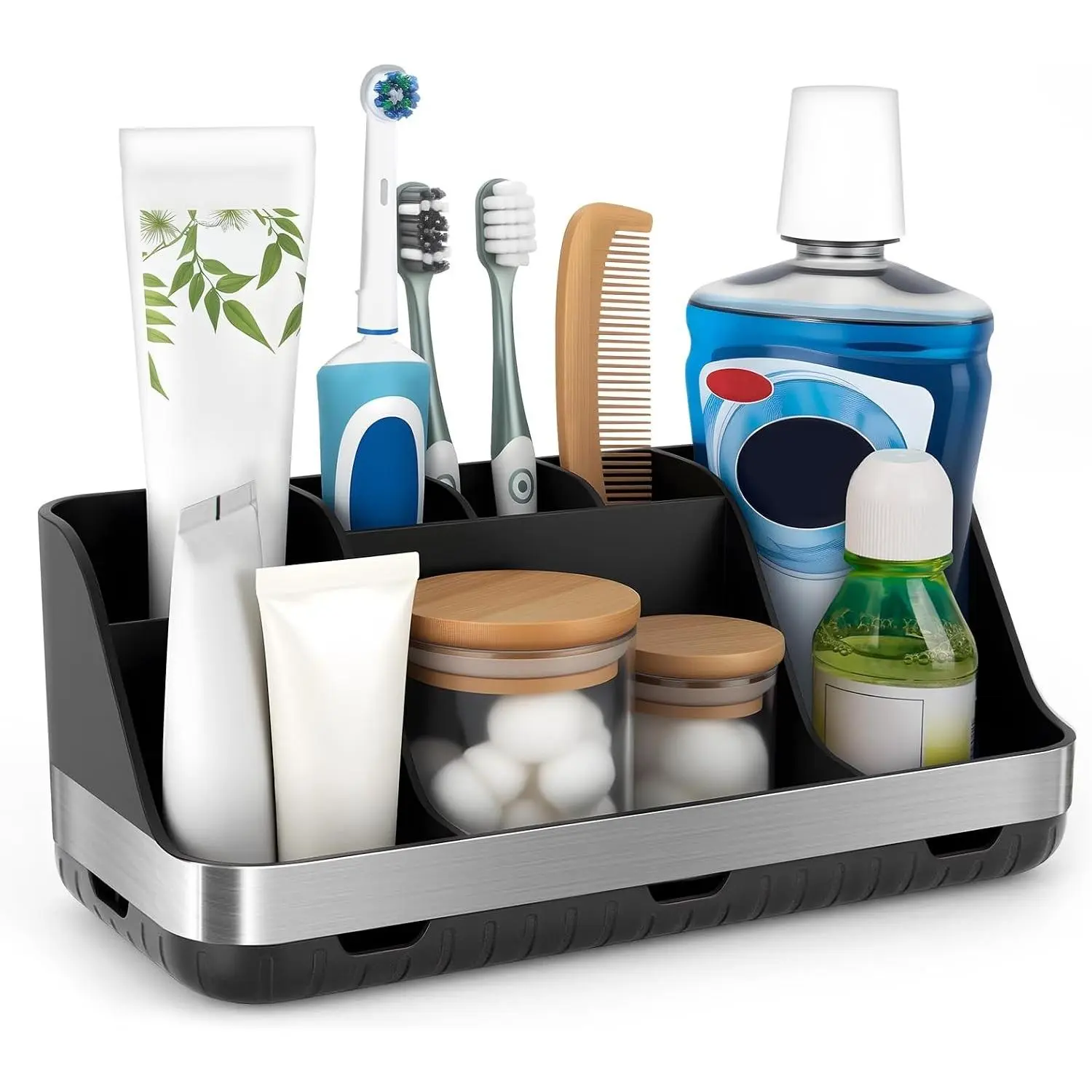 Black Toothbrush Holder - 7 Slots Bathroom Organizer Countertop with Drainage Matte Black Electric Toothbrush and Toothpaste Holder for Bathroom Accessories Sink Storage