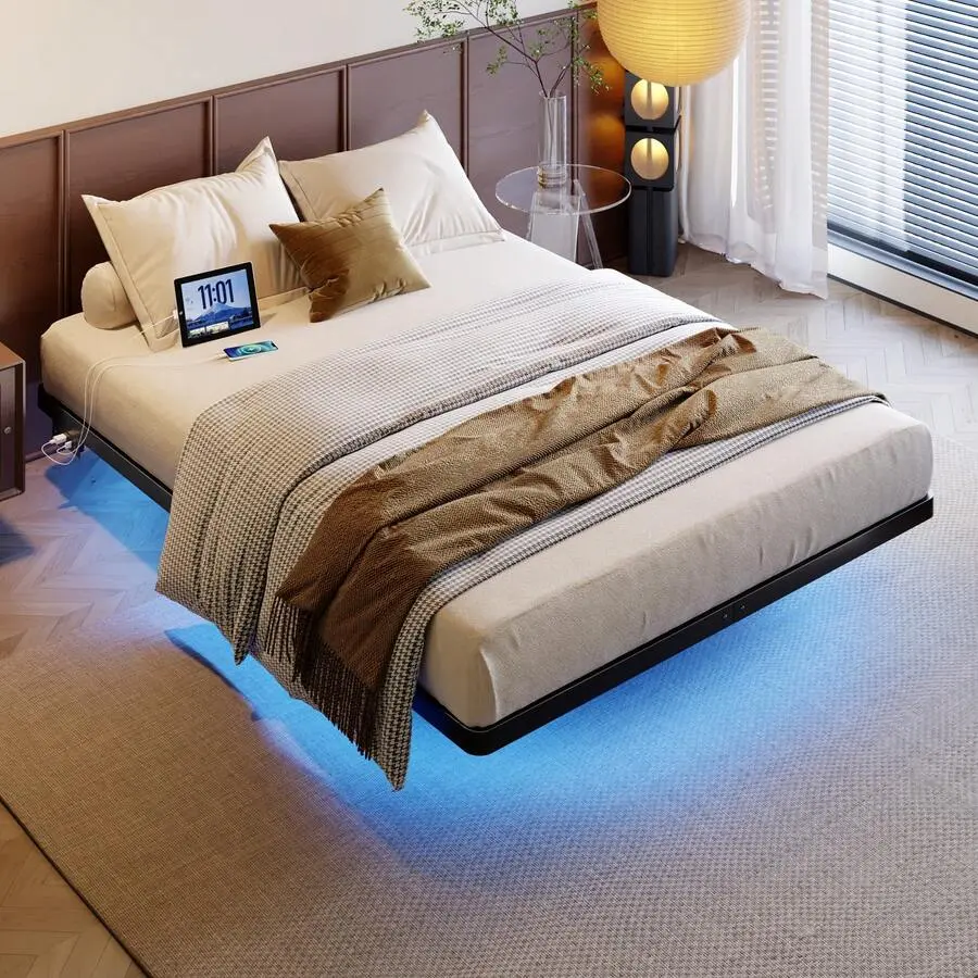 Twin/Full/Queen/Size Metal Floating Bed Frame With Charging Ports & LED Lights, Sturdy Steel Slat Support, No Box Needed, Under-Bed Storage, Easy Assembly, Black