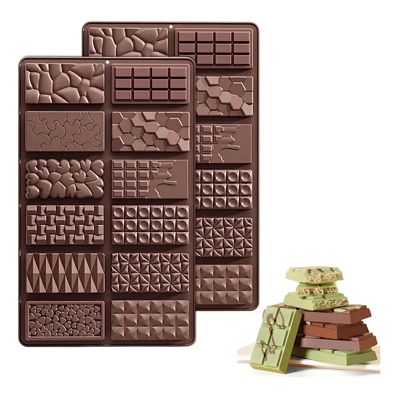 2Pcs 12-Design Silicone Chocolate Bar Molds, Non-Stick Candy Molds for Chocolate, Desserts, Baking & DIY Treats, Baking Supplies