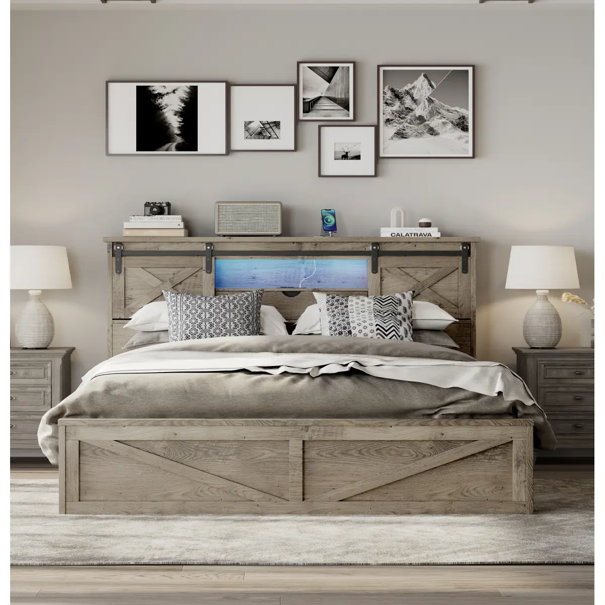 King Size Farmhouse Wooden Bed Frame with LED Lighting, Charging Station, 2 Storage Drawers, Rustic Headboard and Sliding Doors Storage Cabinets