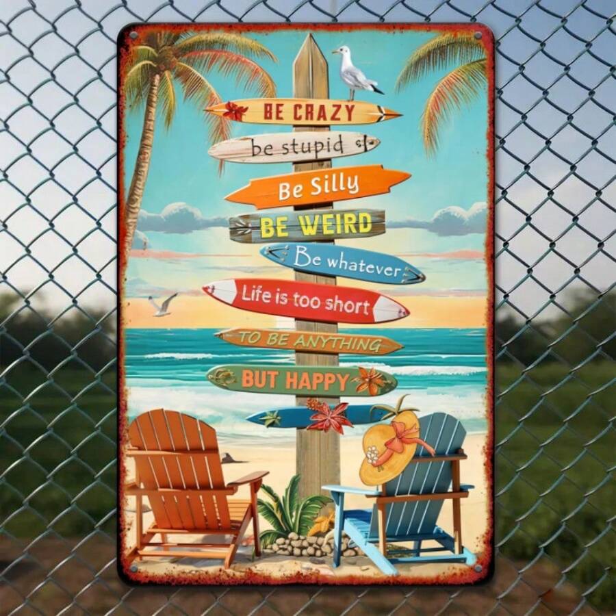 Retro Beach Surfboard Metal Tin Sign - Vintage 8x12 Inch Wall Art with Inspirational Quotes, Perfect for Cafe, Bar, or Beach House Decor