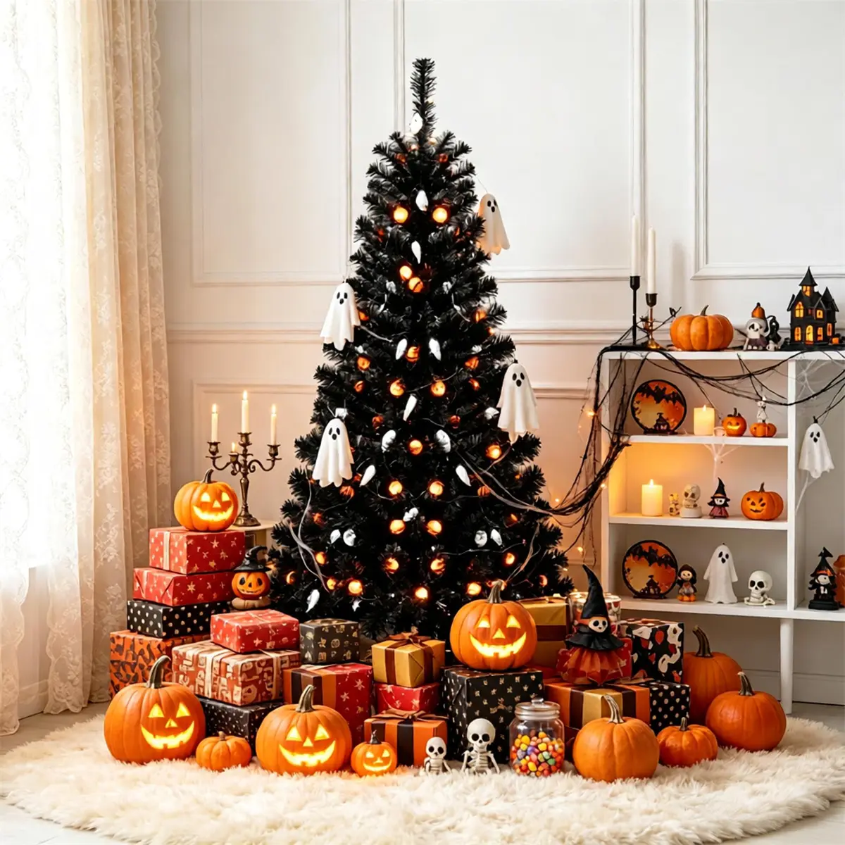 4.5 FT Pre-Lit Black Halloween Tree with 65 Ghost Cold White Lights & 65 Pumpkin Orange Lights, Infrared Motion Sensor 5 Halloween Sound Effects 6 Light Modes Flame Retardant PVC Spooky Decor Tree for Home Office Store