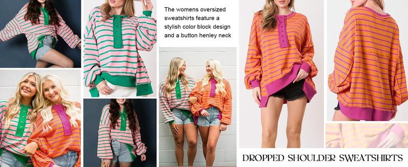 Imily Bela Womens Oversized Striped Sweatshirts Henley Shirts Color Block Casual Pullover Waffle Knit Tops