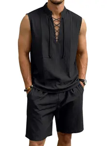 Men's Summer Linen Set, Casual Fitted Tee with Plain Surface, Unlined Design, No Zipper, Perfect for Vacation & Leisure