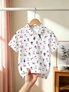 Casual Polo Shirt with Cartoon Golf Pattern, Soft Comfortable Daily Wear, Breathable Skin-Friendly Top, Short Sleeve