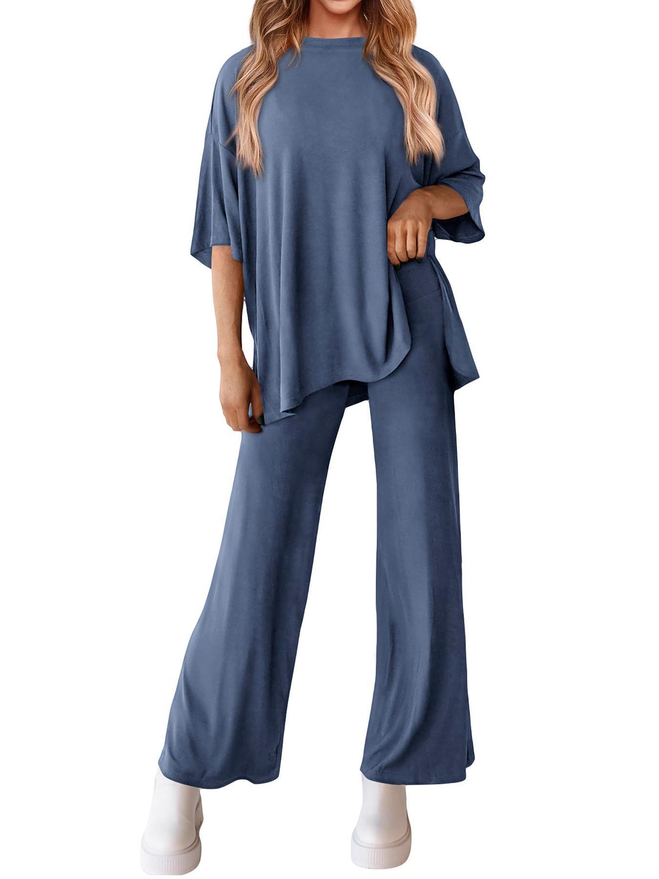 Women's 2-Piece Solid Drop-Shoulder Tee & Elastic Waist Pants Set, Casual Fit Fashion Cozy Half Sleeve Top & Trousers for Daily Outdoor Wear, Ladies' Clothes for All Seasons