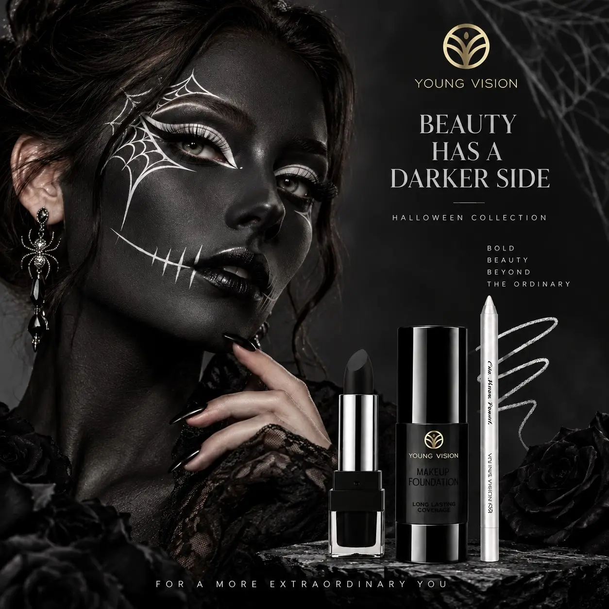 YOUNG VISION Halloween Dark Makeup Set, Black Foundation, Black Lipstick, White Eyeliner Pen, Creative Party Makeup Kit