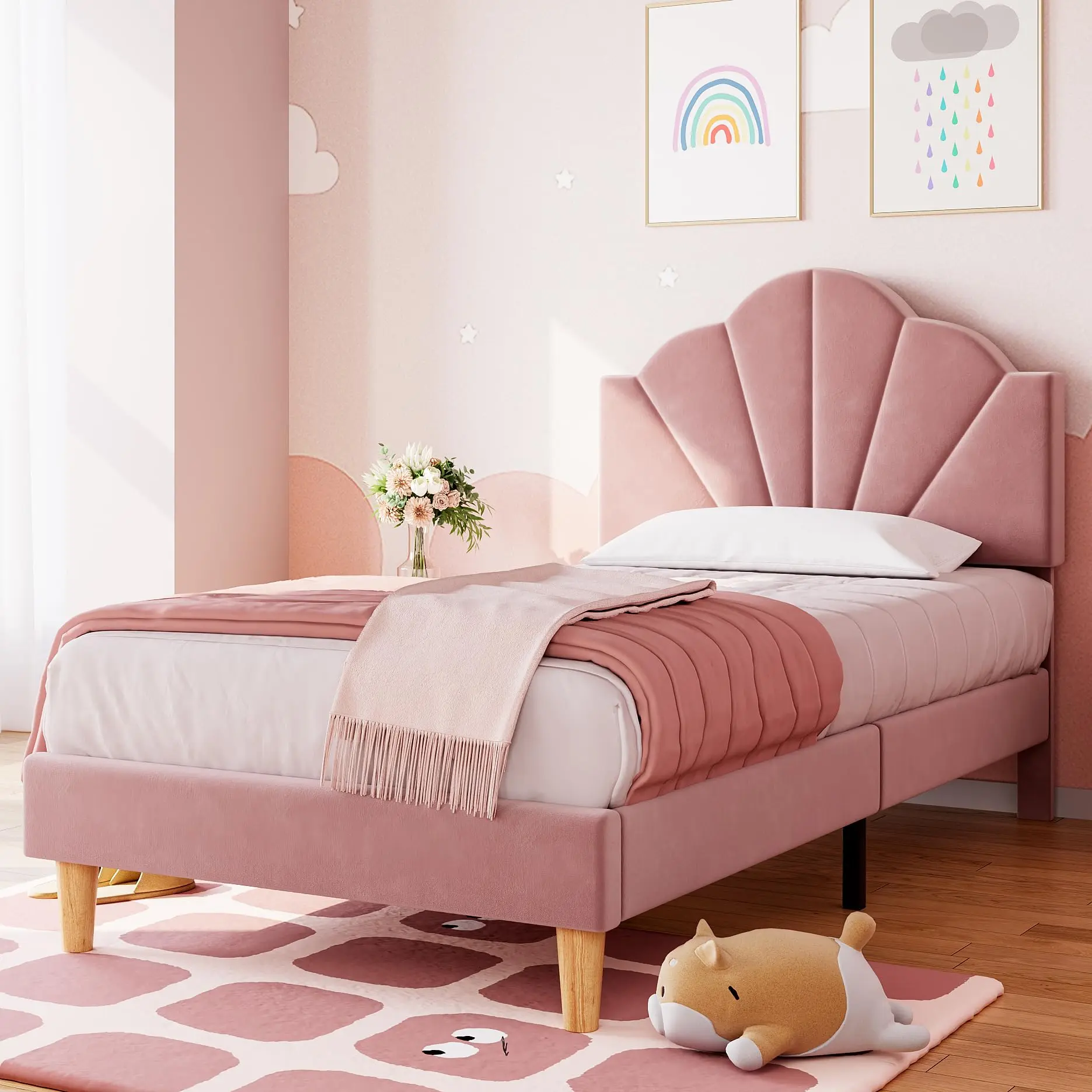 GARVEE Shell-Shaped Adjustable Headboard Twin Single Person Apartment Bed Frame - Metal Support, Wooden Slats, No Box Spring Needed, Easy Assembly, Single Person Bed