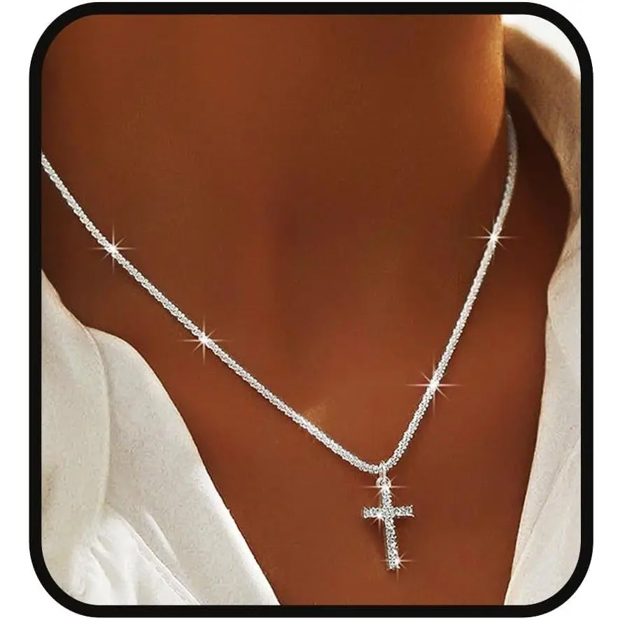 925 Sterling Silver Sparkly Necklace Layered Dainty Chain Necklace Silver Cross Pendant Paperclip Necklaces Waterproof Minimalist  Gifts men's jewelry