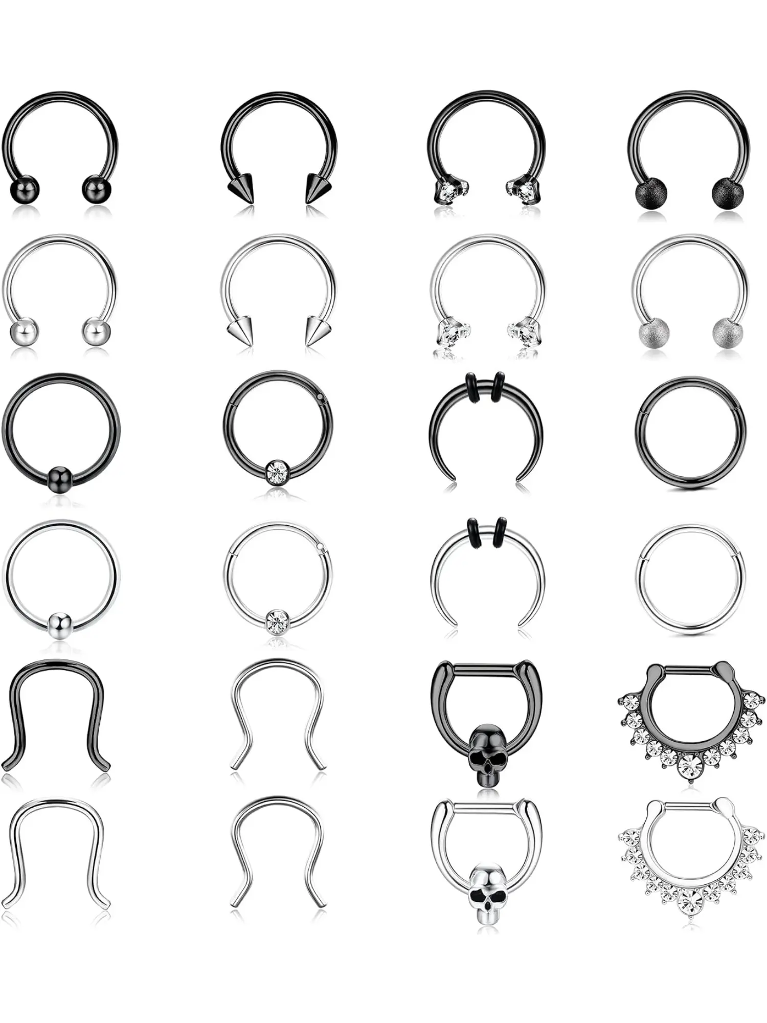 24PCS 16G Hypoallergenic Surgical Steel Septum Clicker Hoops Bundle Unisex, 8mm & 10mm CZ Inlaid Horseshoe Multi-Wear Piercing Jewelry, Nose Lip Helix Daith Cartilage Rings