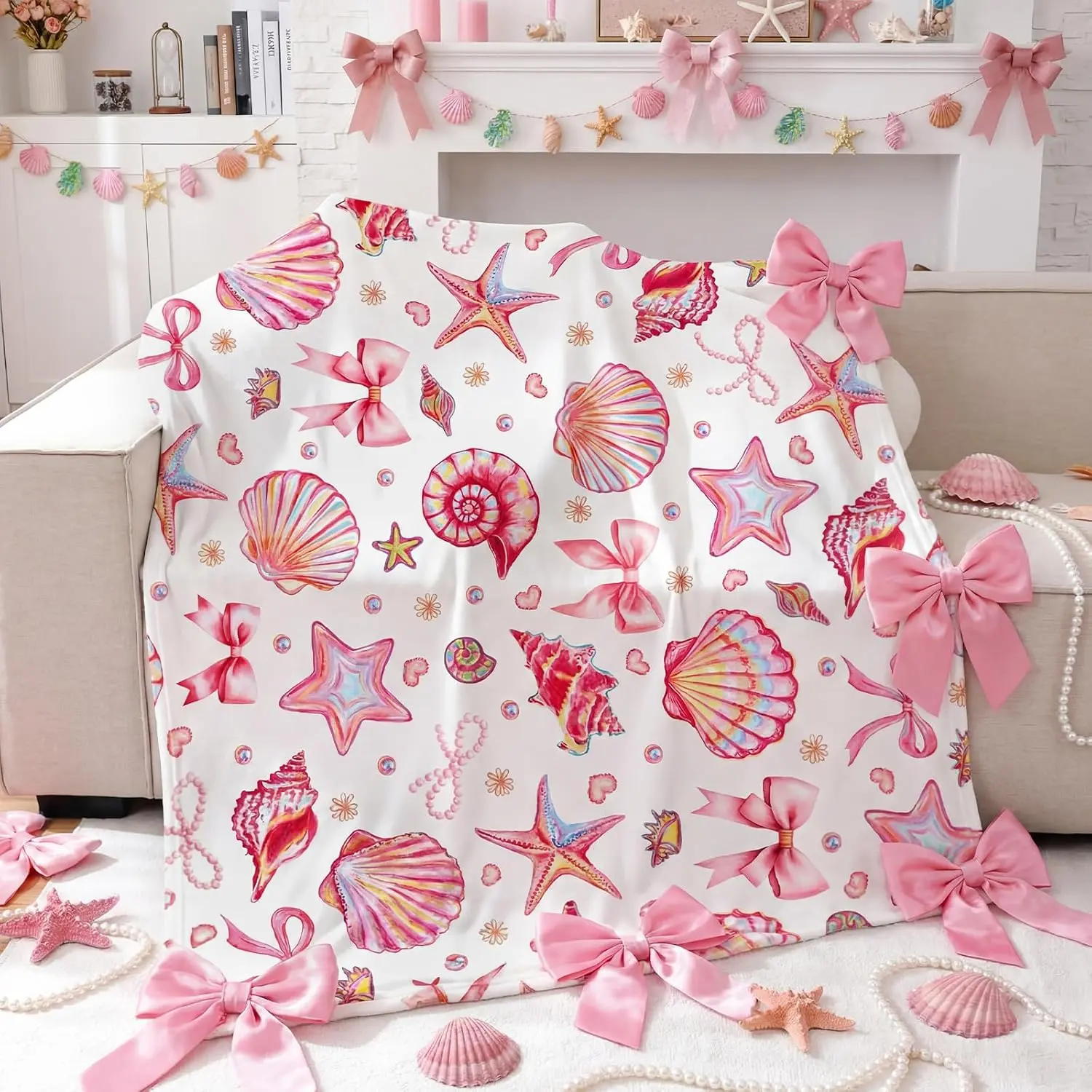 Breling Pink Coastal Seashell Throw Flannel Blanket Pink Bow Cozy Fuzzy Warm Beach Throw Blanket for Gift Couch Sofa Bed Home Decor 60"x50"