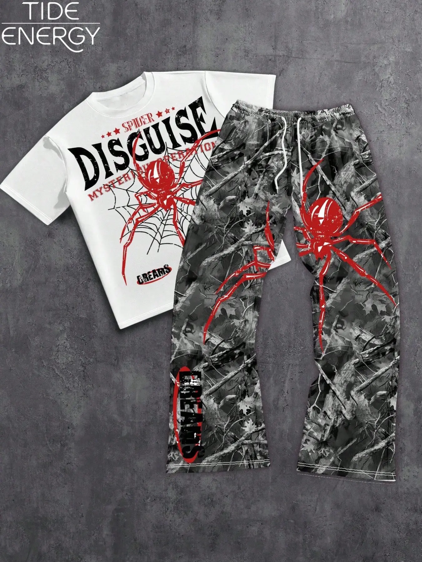 Spider Web Letter Print Graphic Short Sleeve + Camouflage Drawstring Pants Set, Unisex Y2K Street Style, Comfortable Summer