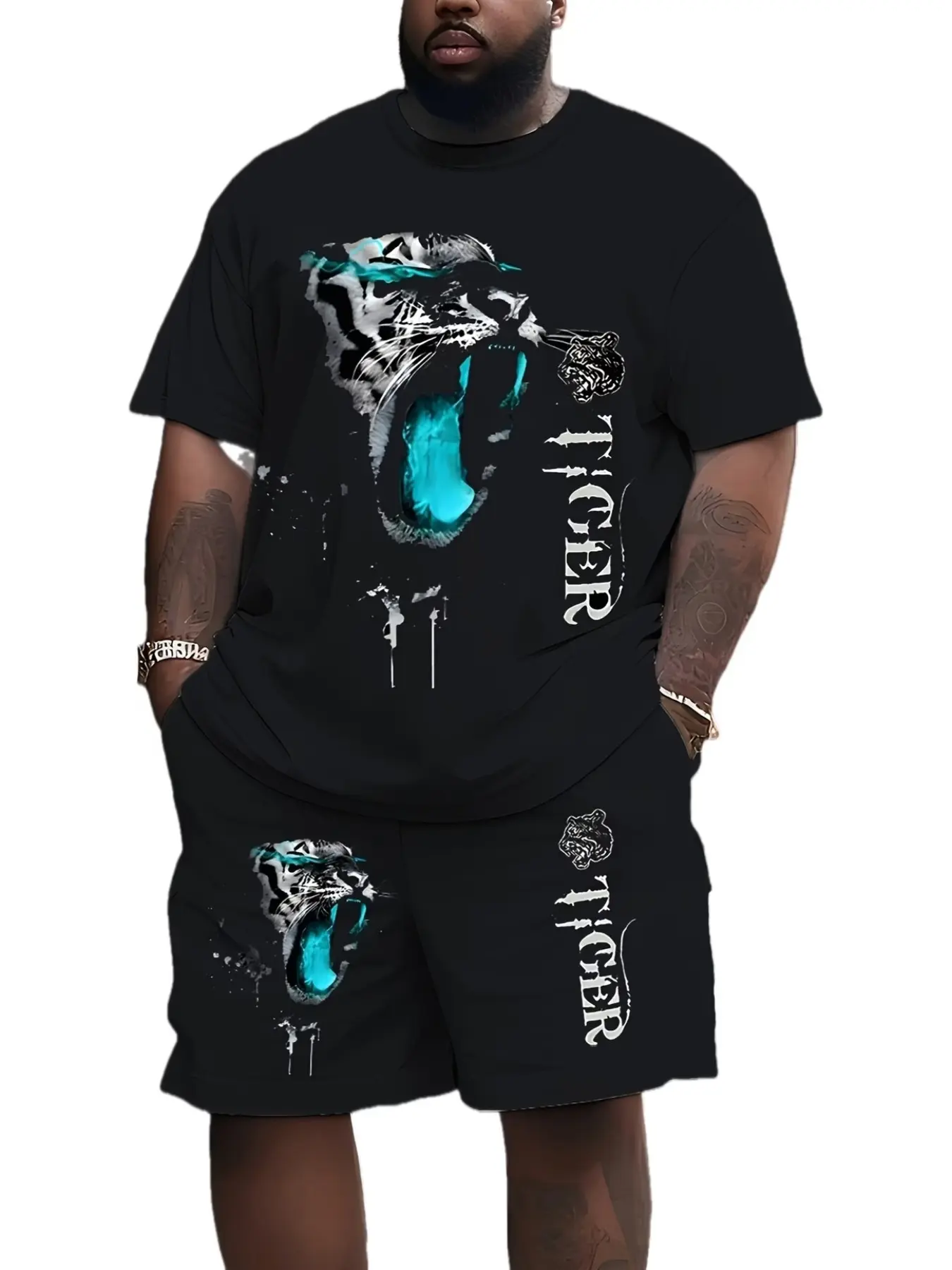Plus Size Men's 3D Tiger Print Casual Two-Piece Set, Menswear Blue Flame Tiger Print Short Sleeve Top Shorts Combo, Loose-Fitting All Seasons