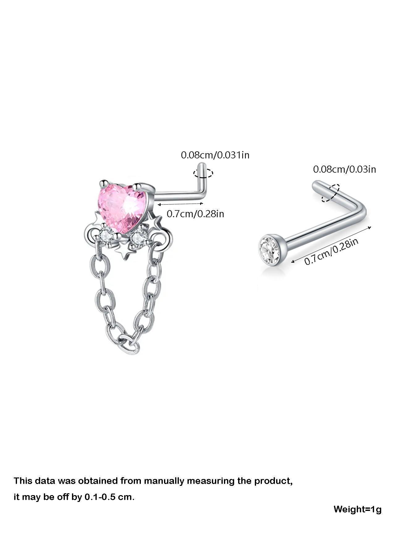 Cute Heart & Butterfly Decor Nose Stud, Stainless Steel Nose Stud Ring Set, L Shape Nose Piercing Kit, Spiral Nose Screw Stud Pack, Nose Piercing Jewelry