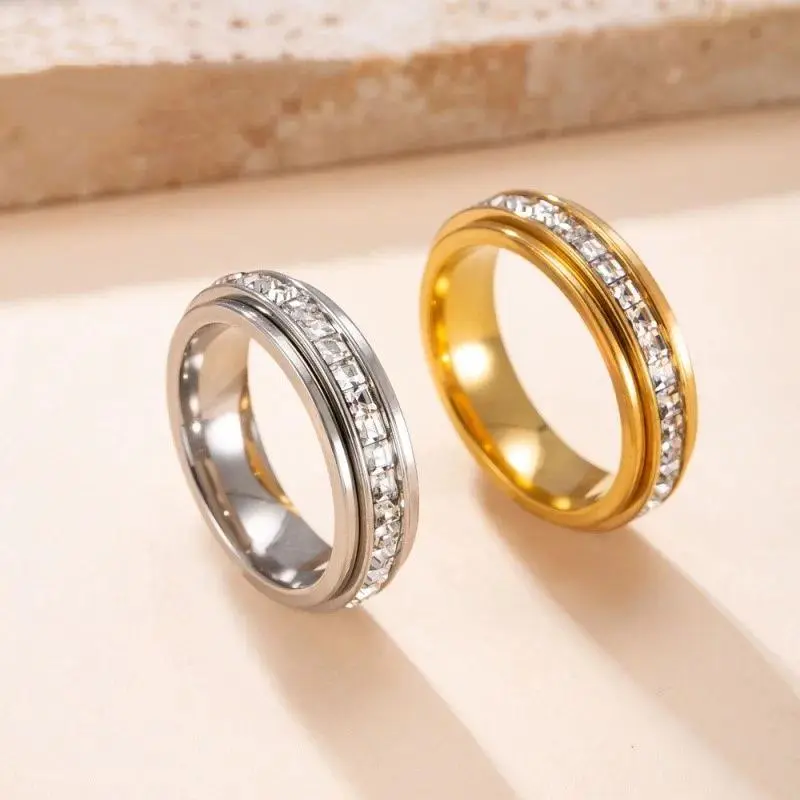 Rotatable Spinner Ring for Women & Men, Stainless Steel CZ Stone Fidget Ring, Y2K Minimalist Statement Jewelry for Daily Wear & Gifts