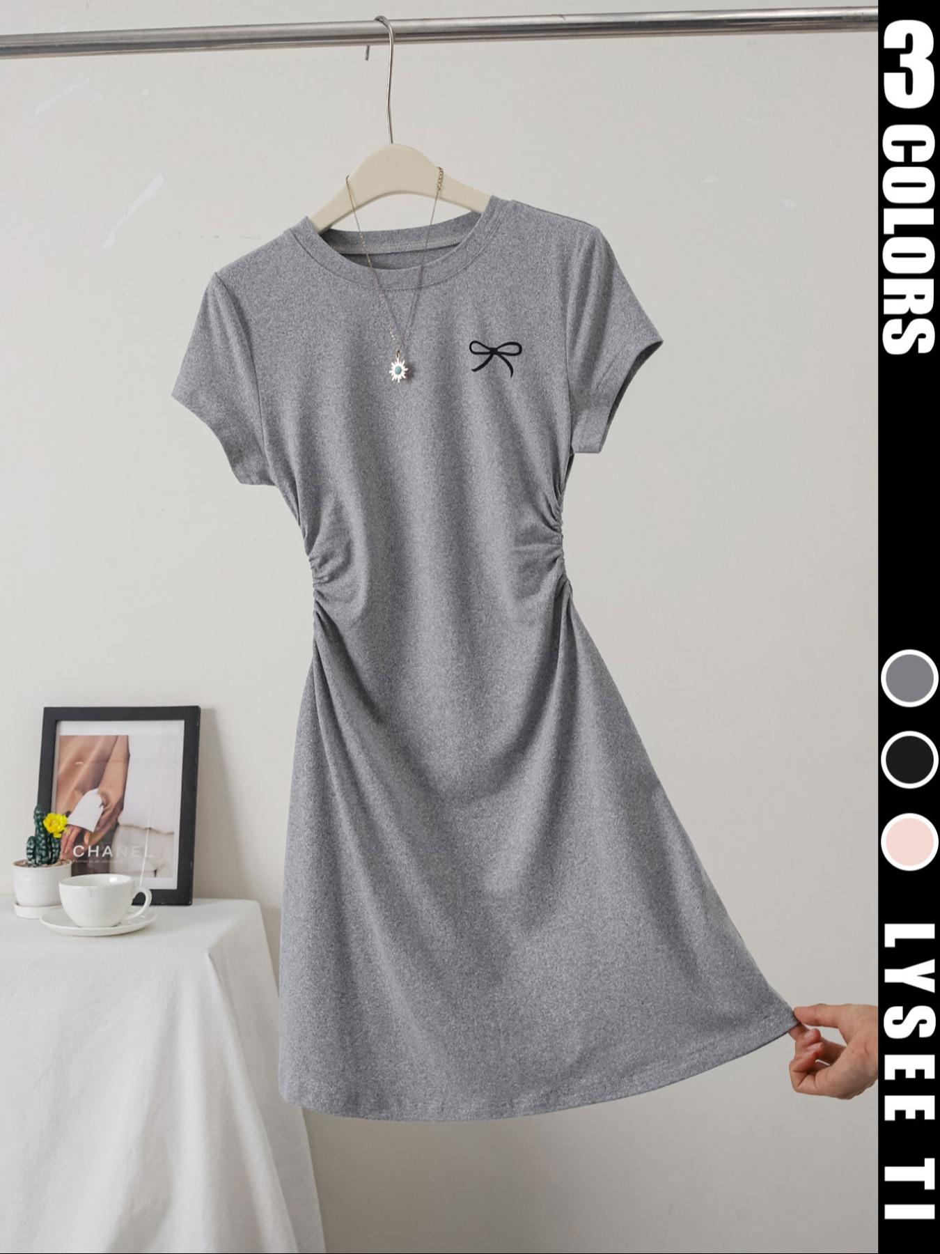 Ladies' casual fashion slim fit small bow print details simple solid color pleated Knit pullover women's round neck short sleeved dress