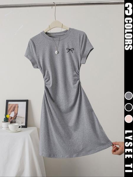 26 Valentine's Day women's casual fashion slim fit small bow print details simple solid color pleated pullover women's round neck short sleeved dress